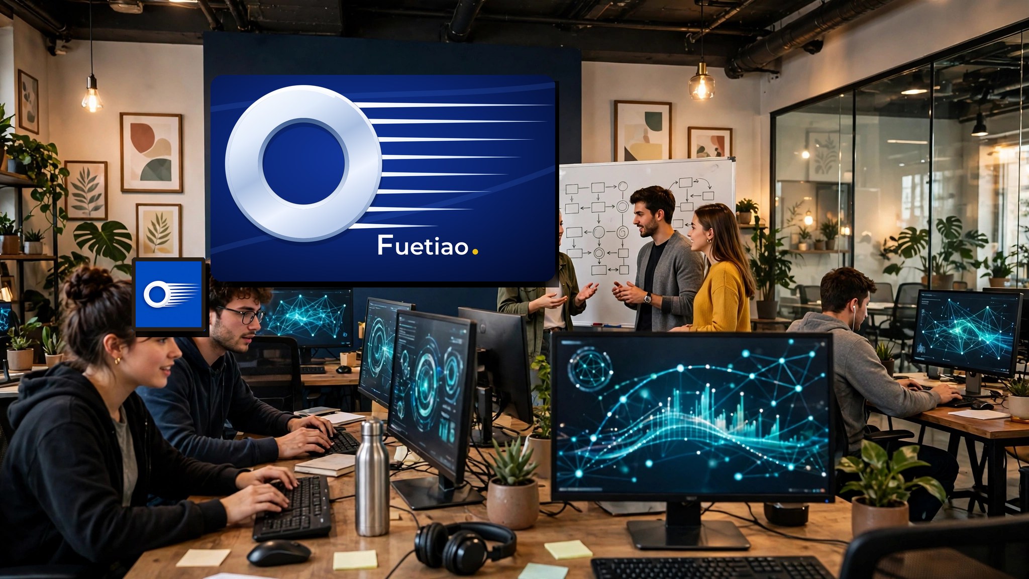 Equipo Fuetiao trabajando en la oficina